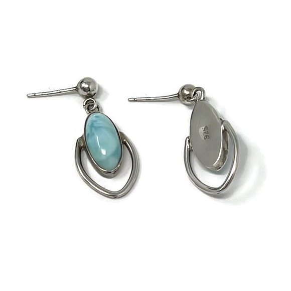 Vintage Small Sterling Silver Larimar Teardrop Dangle Earrings - Picture 2 of 4